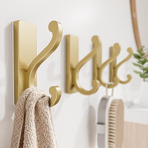 Miniatura 7 de Paquete de 4 ganchos autoadhesivos para abrigos, perchas adhesivas doradas, soporta 10 libras para ropa, toallas, batas, llaves, ganchos dobles para