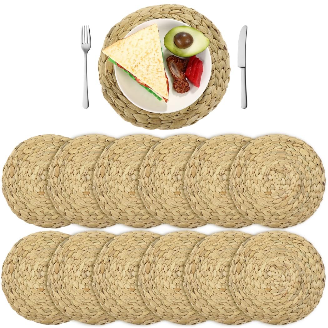 Set mit 12 runden Rattan-Tischsets, 30 cm, handgewebt, Wasserhyazinthe, hitzebeständig, rustikale Tischmatten für Küche, Esszimmer, rutschfest