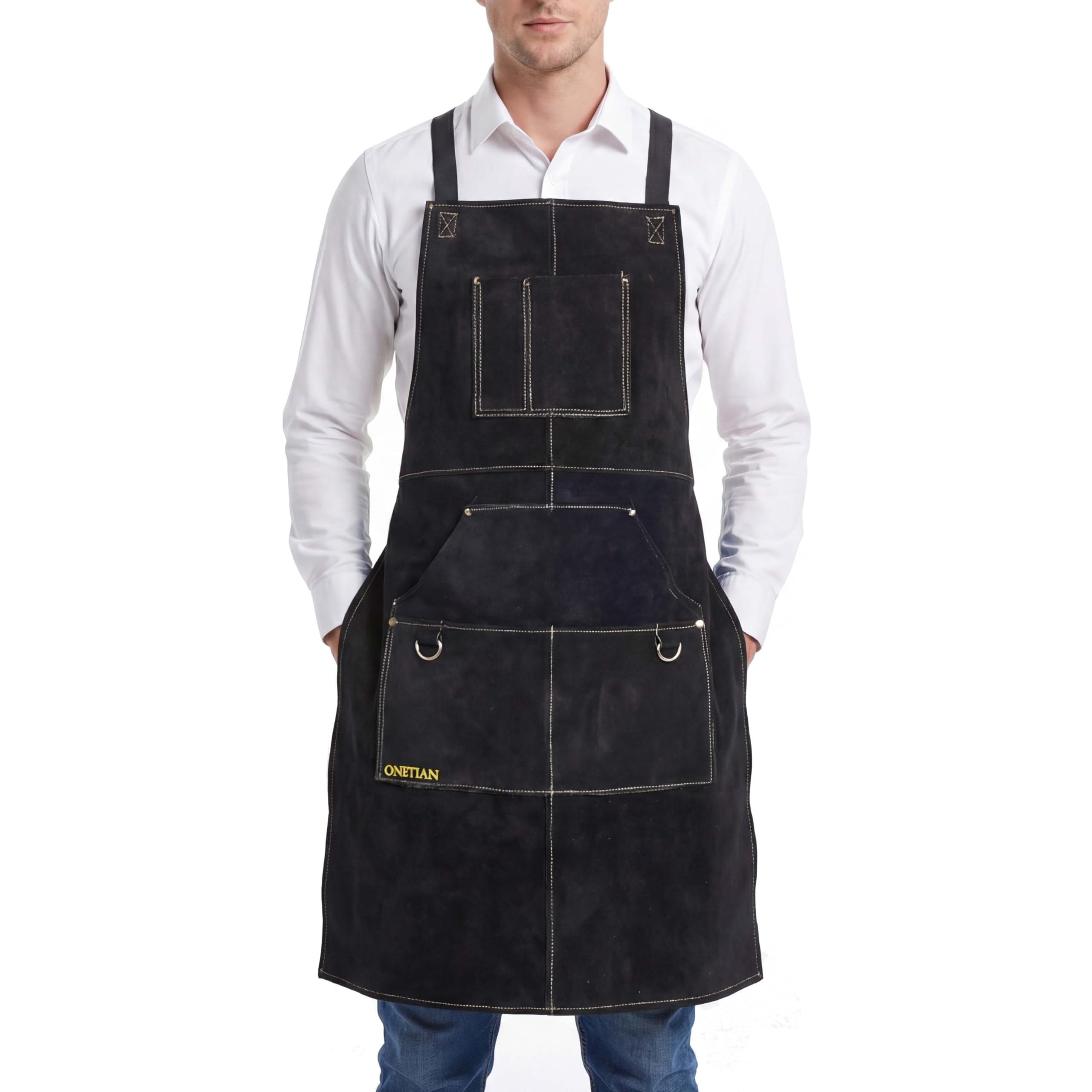 Grembiule da Saldatura in Pelle con Fodera Morbida – Resistente al Calore, Ignifugo, Grembiule Protettivo Robusto con Tasche Multiple