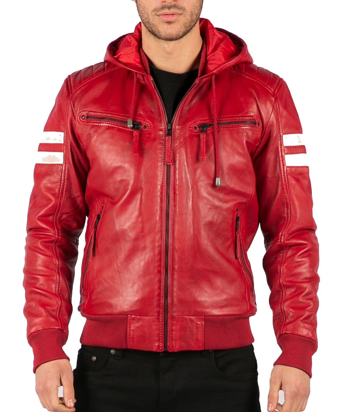 Truclothing Men's Red Bomber Jacket Outwear Windproof Winter Real Leather Jackets Coat Quilted Hood - Xl