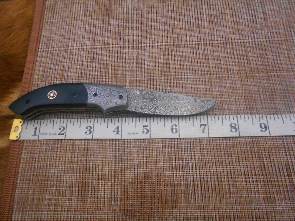 7.5" Folding Knife, 3.5" Hand Forged Twist Pattern Damascus Steel Blade Pocket Knife, 4" Wood Scale, Liner Lock & Thumb knob Equipped, Cow Hide Leather Sheath (Bull Horn)