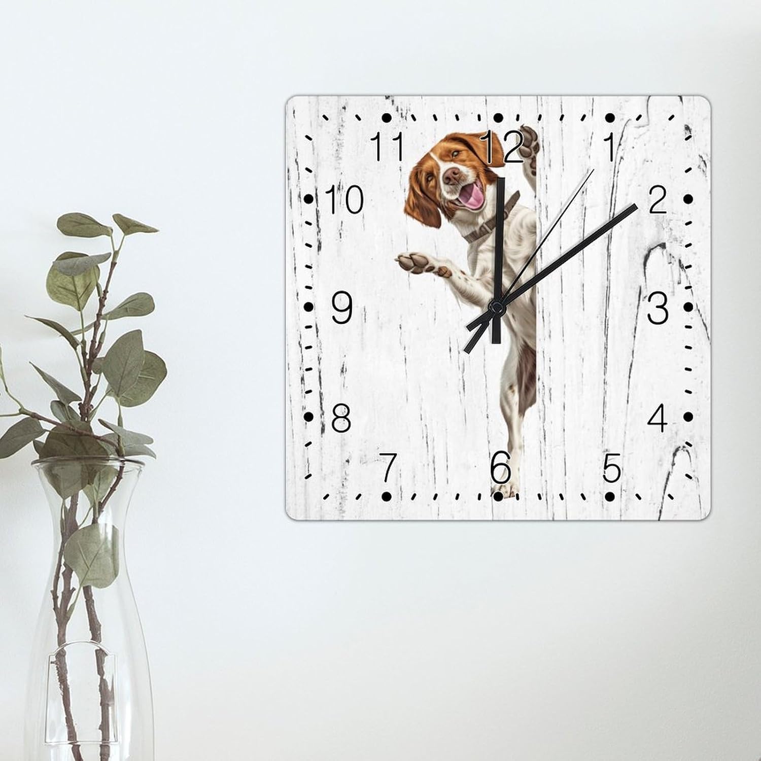 Brittany Spaniel Clocks Brittany Spaniel Dog Peeking ACorner Hanging Wall Clock Dog Lover Gift Wooden Decorative Clocks Non-Ticking Silent Wall Clock for Living Room 15x15in