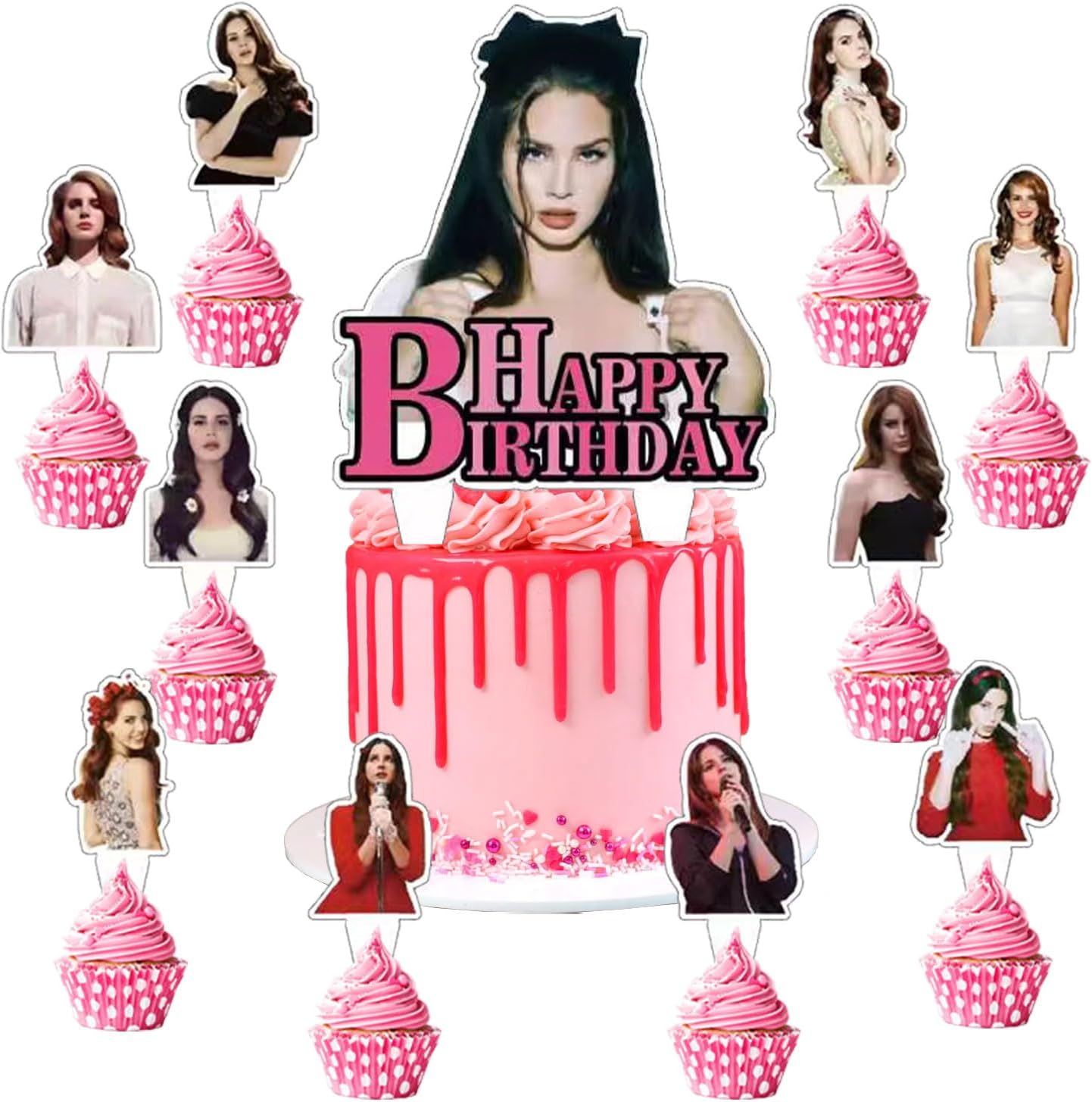 MGTCAR 37pcs Lana Del Rey Cake Decorations with 1pcs Lana Singer Cake Topper,36pcs Cute Cupcake Toppers for Girls Birthday Party Decorations