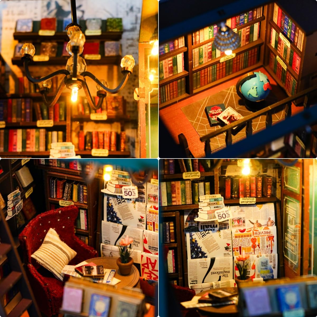 CRIOLPO Kit angolo lettura fai da te, modello di casa in miniatura, scena di biblioteca affascinante, casa delle bambole in legno, scene di biblioteca in miniatura - Soul Bookstore