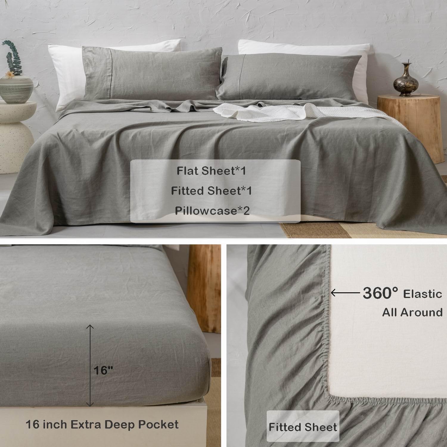 meadow park 100% Washed French Linen Sheet Set-Queen Size-Charcoal Linen-4 Pieces (1 Flat Sheet, 1 Fitted Sheet & 2 Pillowcases), 16" Deep Pocket, Breathable,Ultra Soft and Durable