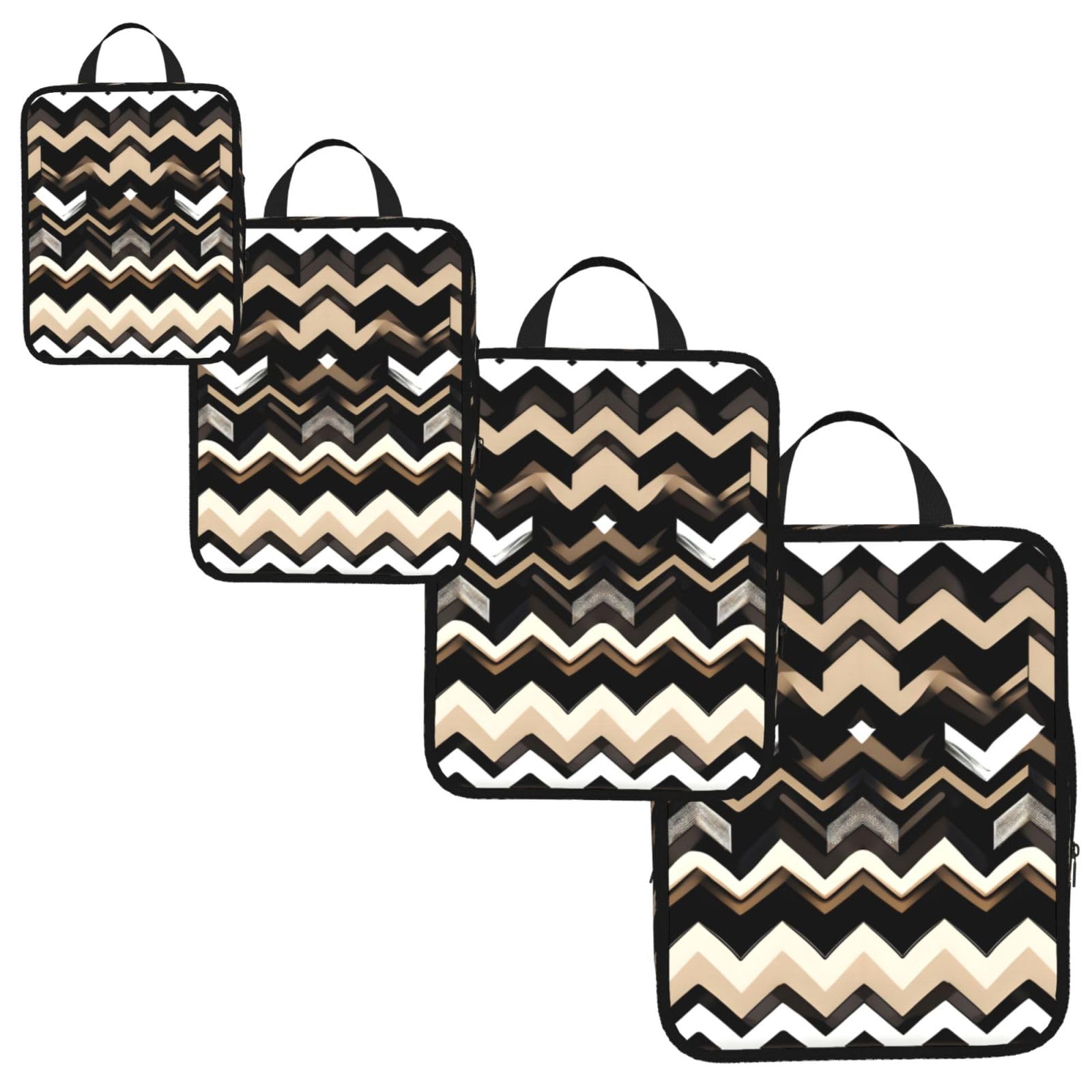 Black White Tan Zigzag Print 4 Set Compression Packing Cubes for Suitcases,Expandable Storage Bags Organizers