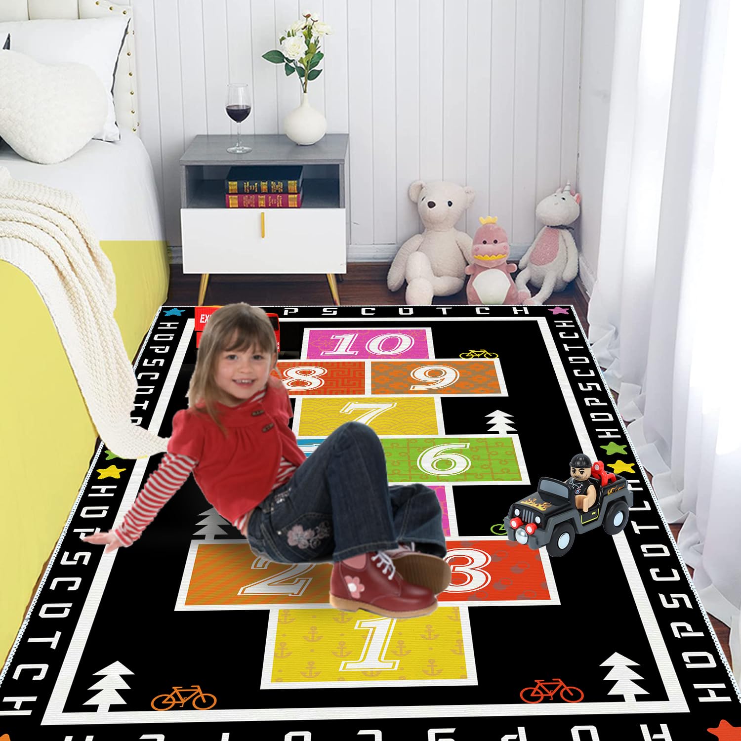 Sejiarep Colorful Hopscotch Rug for Kids Room?Playroom Kindergarten Nursery Decorative Mat?Fun and Playful Play Area Rug (Black, 3x5 ft)