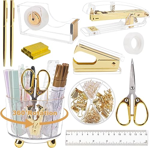 Miniatura 8 de Suministros de accesorios de escritorio de oficina, 14 piezas de decoración de escritorio de mármol de oro rosa para mujer, bonito kit de artículos