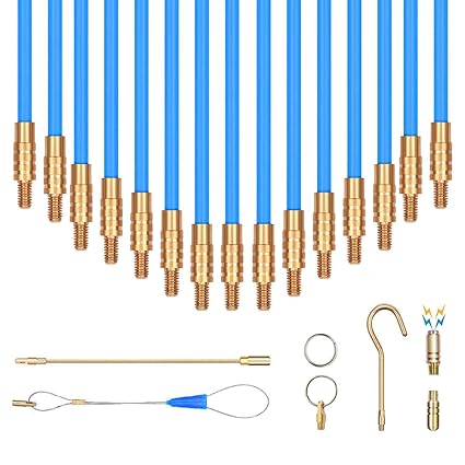 50' Fiberglass Fish Tape Running Wire Cable Rods Coaxial Electrical Connectable Fish Tape Pull Push Kit With Hook And Hole Kit In Transparent Tube, Blue
