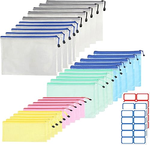 MACIKWON Bolsas de malla con cremallera para organizar, 30 bolsas de plástico con cremallera A4 A5 A6, bolsa para documentos, bolsas de juegos de