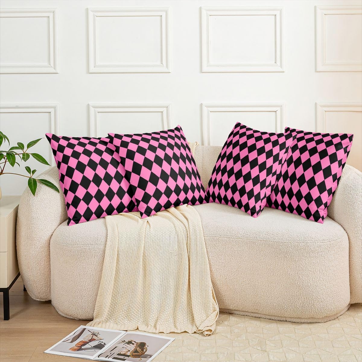 Feelyou Diamond Plaid Throw Pillow Covers Set of 2 Buffalo Check Decorative Pillowcase Vintage Pink Black Cushion Covers for Sofa Couch Bed Cushion Case Home Decor 24 x 24-Inch