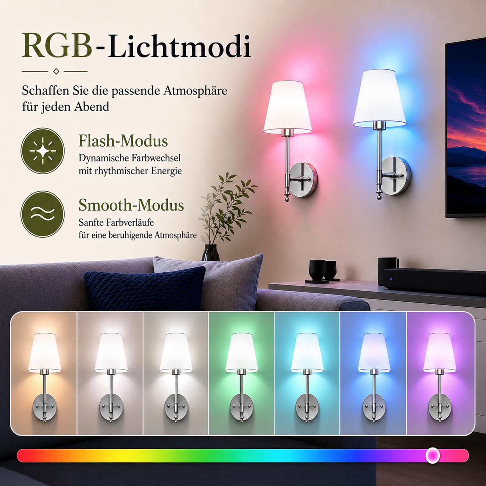 LED Wandleuchte Innen Akku 2 Stück - Stoffschirm Wandlampe Innen Silber