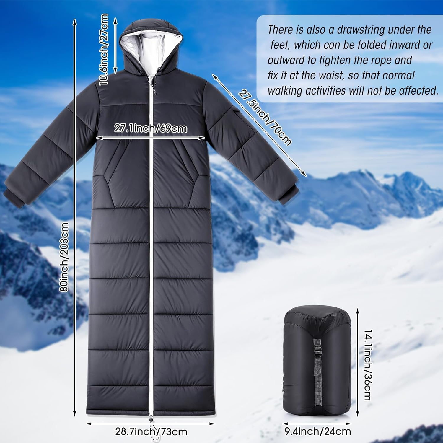 Macarrie Cold Weather Wearable Sleeping Bag for Adults with Sleeves and Hood 74 Inch Long 0 Degree Winter Weather Insulated Extreme Cold Sleeping Bag Coat for Camping Hiking Stadium