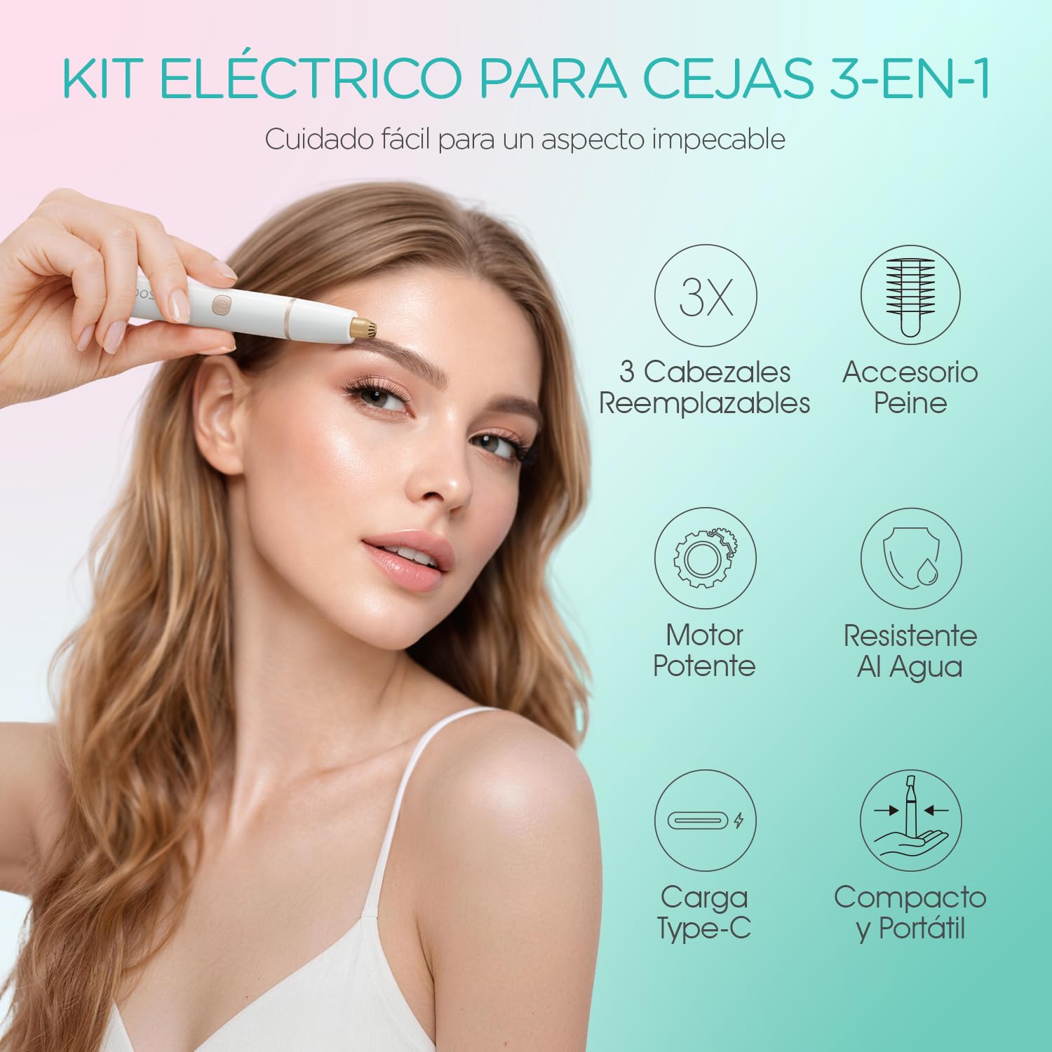 VOGOE Depiladora Facial Mujer 3-en-1, Regulador de Cejas Eléctrico Indolora, Recargable y Resistente al Agua con Peine, para Cejas, Labio Superior, Mentón y Mejillas (Blanco)