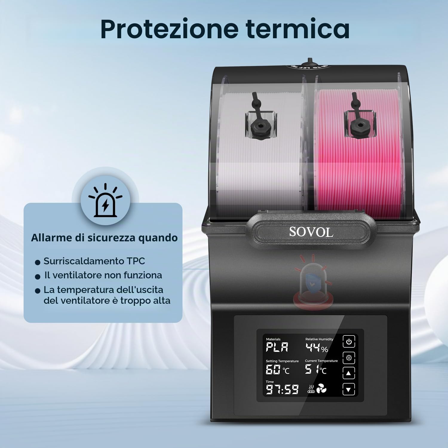 Sovol SH02 Essiccatore Filamento 3D 2025, Filament Dryer per 2 bobine di filamento 3D, 150W PTC Riscalda fino a 70°C per PLA/ABS/TPU/altri materiali di stampa 3D