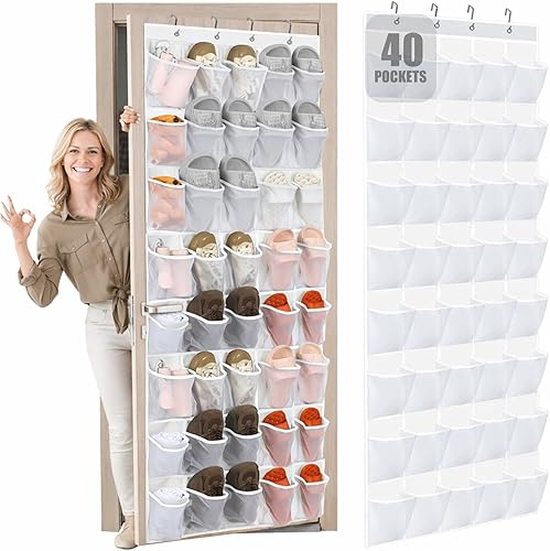 Miniatura 18 de Windyun Organizador de zapatos para colocar sobre la puerta, 40 bolsillos grandes de malla transpirable, para colgar zapatos para armario, soporte