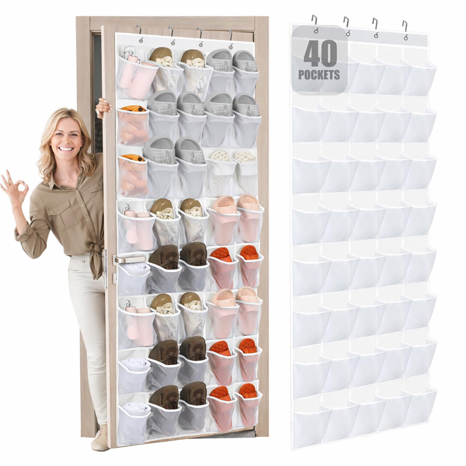 Windyun Organizador grande de zapatos para puerta, 40 bolsillos de malla blanca, organizador de zapatos para armario, soporte para zapatos detrás de la puerta, soporte antideslizante para zapatos