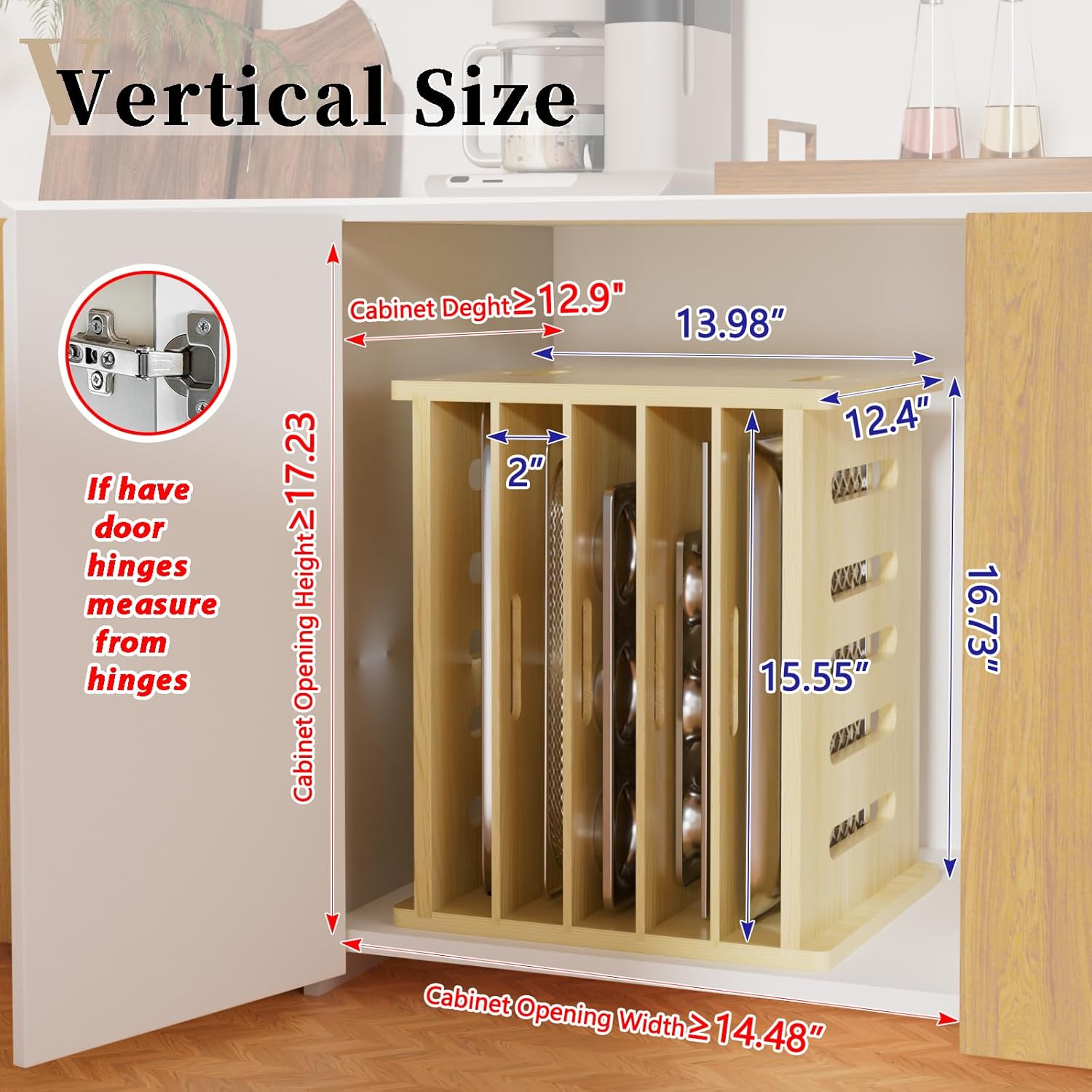 6 Tier Wooden Tray Dividers for Cabinets, Baking Cookie Sheet Organizer, Vertical/Horizontal Cabinet Dividers for Pots, Cutting Board, Pans, Kitchen Organizers and Storage