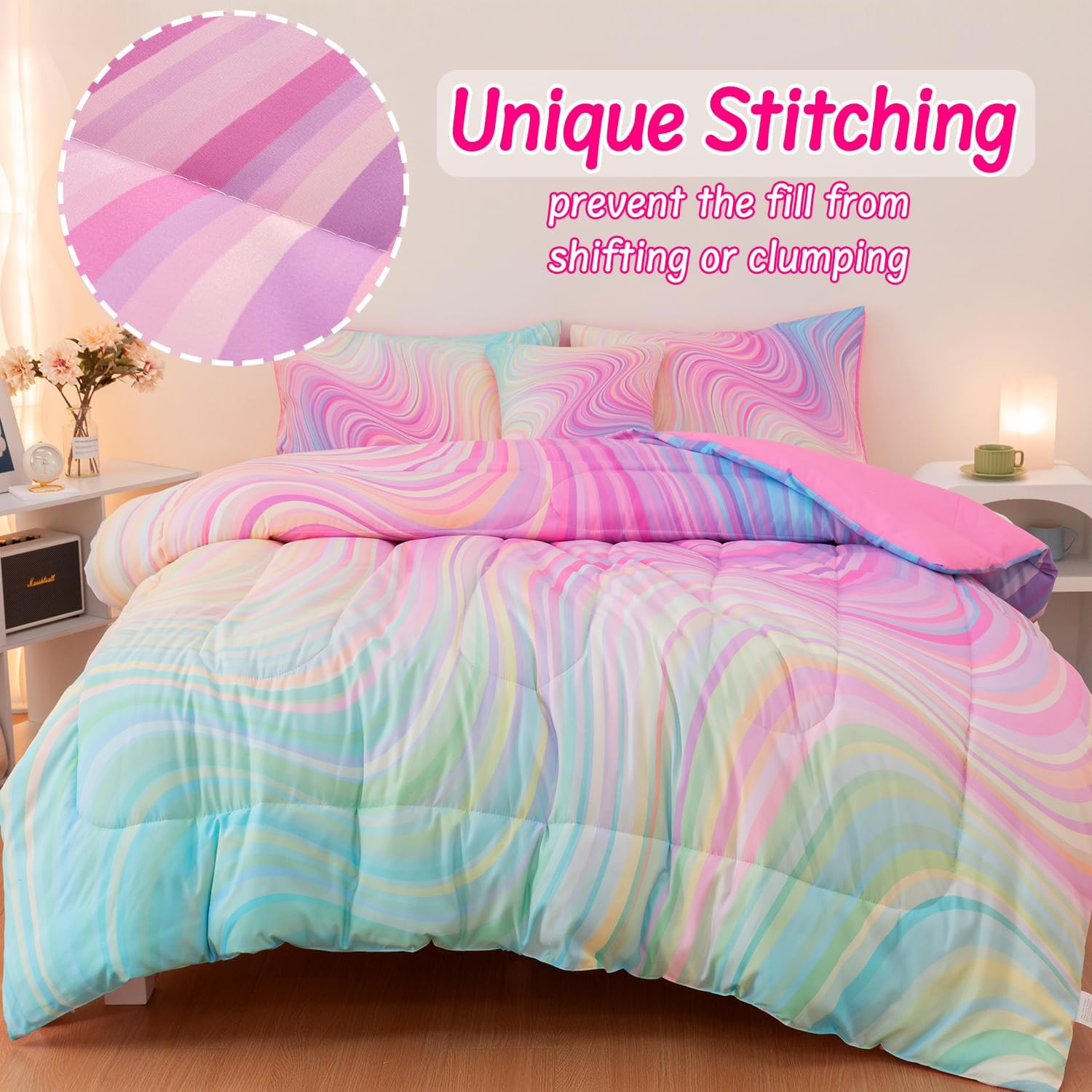 4 Pcs Girls Full Bedding Set, Tie Dye Superior Teen Comforter Sets, Pink Rainbow Full Bedding Set for Girls