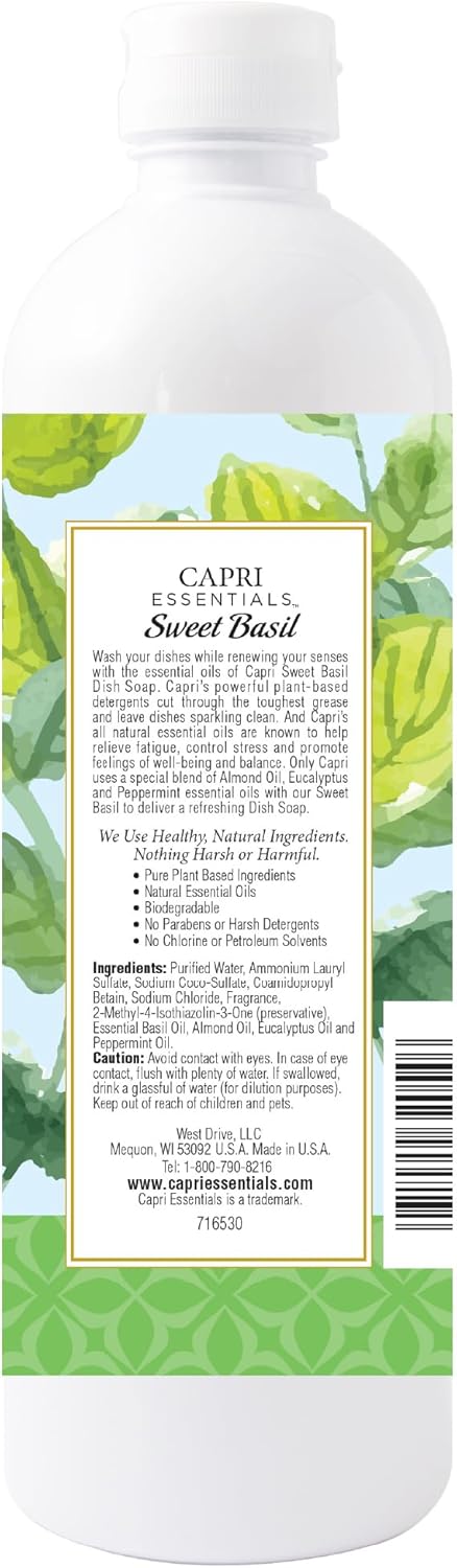 CAPRI ESSENTIALS Dish Soap Liquid, Natural Household Cleaning Supplies, Plant Based Aromatic Dish Detergent, Blend of Essential Oils with Almond Oil, Eucalyptus & Peppermint, Sweet Basil, 16 FL Oz - Image 7