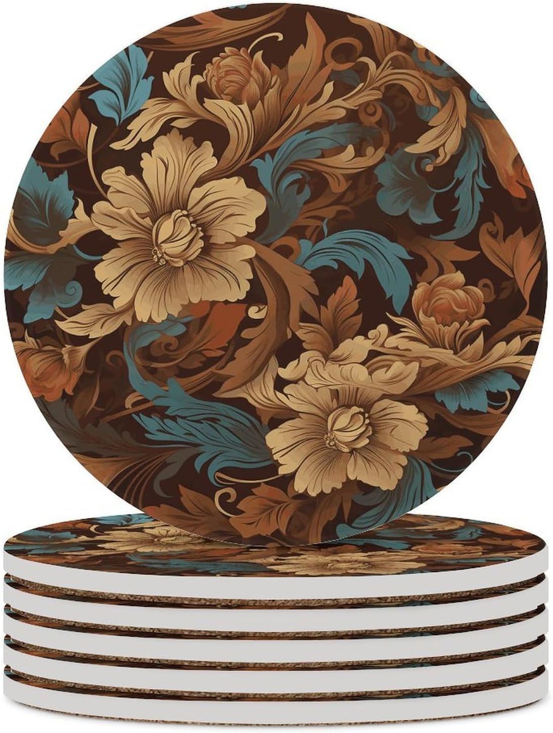 Set of Ornate Floral Coaster with Cork Base Drink Coasters for Coffee Table Decor Modern Cup Coasters with Non-Slip & Heat-Resistant Cute Ceramic Table Coaster for Home Dining