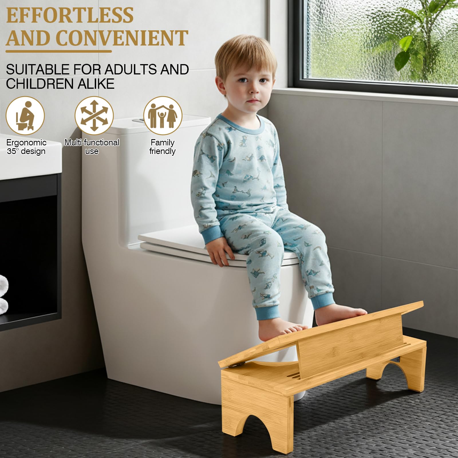 Sgabello da toilette pieghevole in bambù, 39,5 x 21,5 x 16,5 cm, in bambù, per adulti, con 4 velocità di regolazione dell'inclinazione, antiscivolo, pieghevole, per adulti e bambini