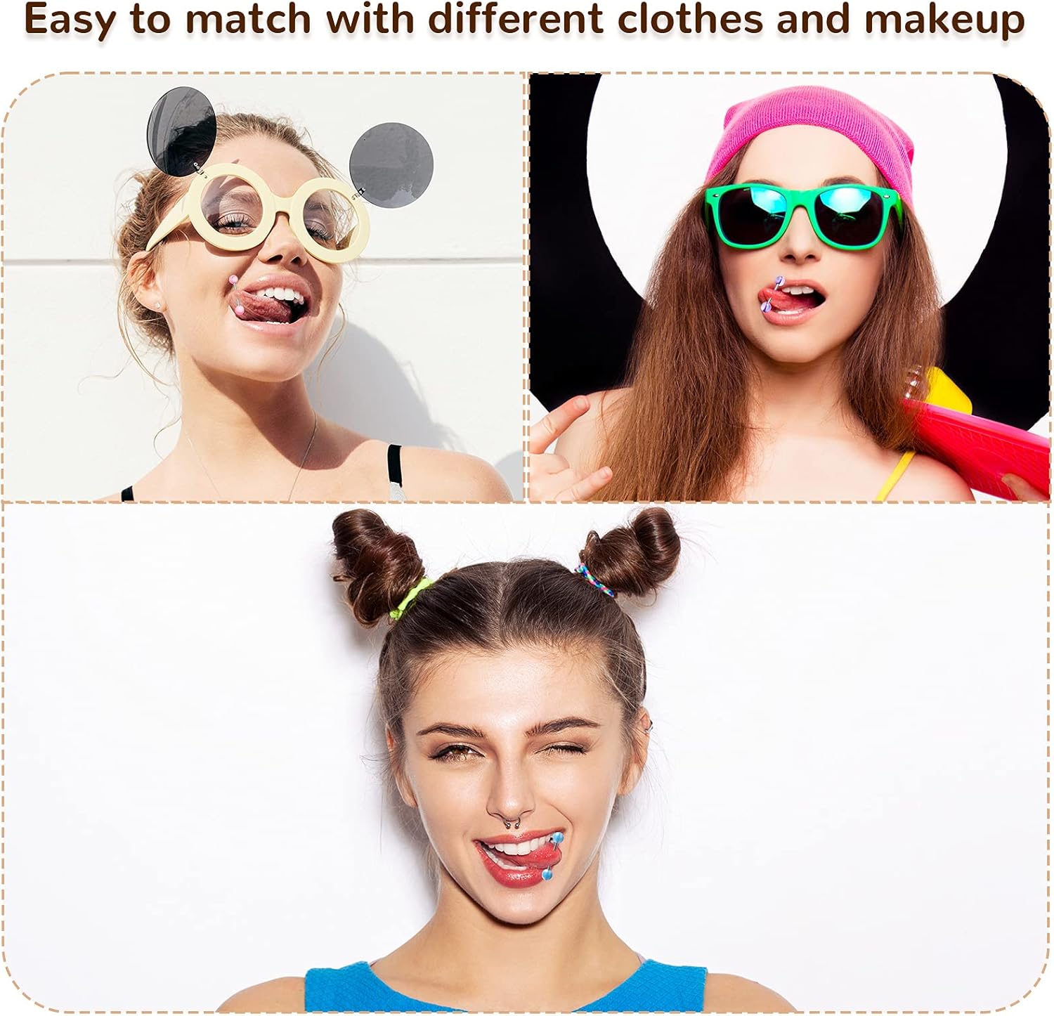 Vista 6 de Jadive 200 anillos de lengua para mujer, 14G, 0.630in, anillos rectos de acero inoxidable, piercing para el cuerpo, joyería de caramelos