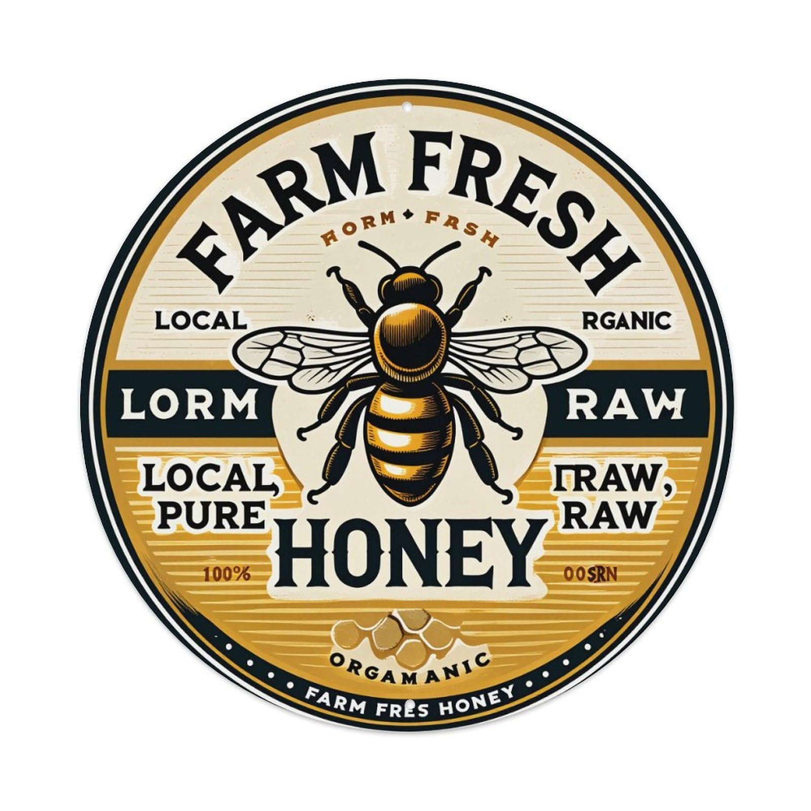 Farm Fresh Honey Label Design Round Tin Sign Vintage Metal Poster, Home Bar Garage Man Cave Cafe Indoor & Outdoor Wall Decoration 8x8Inches