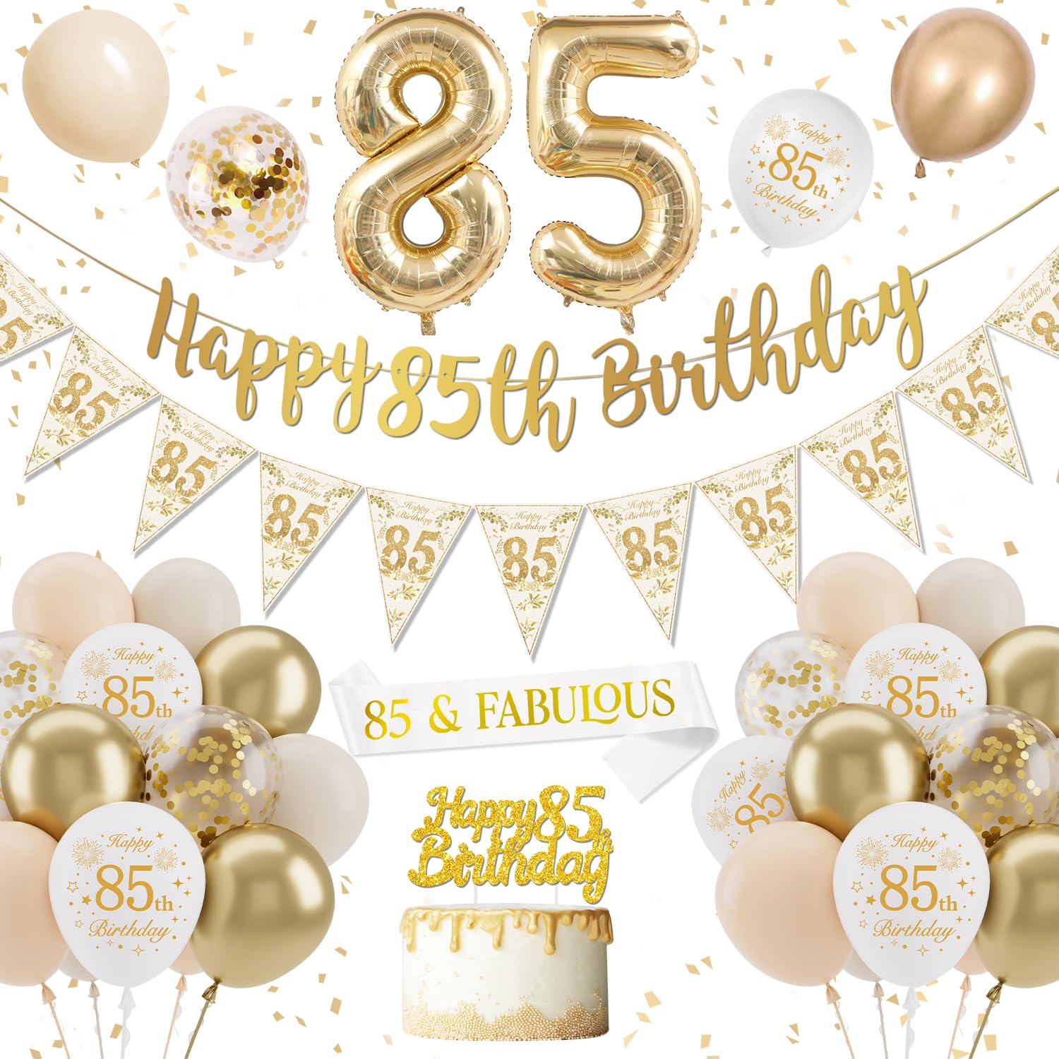 85th Birthday Decoration for Women Men, Gold White Birthday Balloons