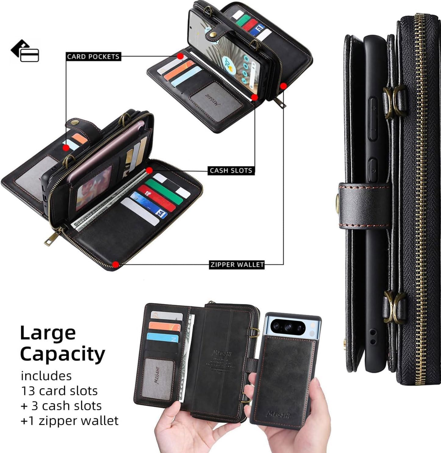 Compatible with Google Pixel 8 Pro 5G Wallet Case Crossbody Shoulder Strap Card Holder Stand Multi-Function 2in 1 Detachable Magnetic and Cell Phone Cover for Pixel8Pro Pixel8 XL Eight 8Pro Black