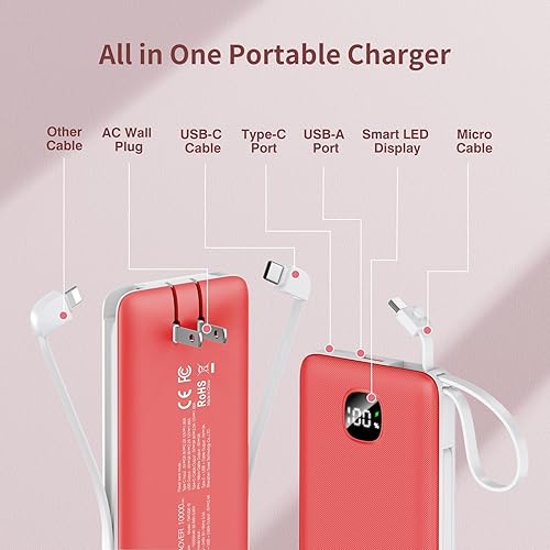 Miniatura 2 de Cargador portátil con cables integrados y enchufe de pared de CA, delgado 10000mAh 22.5W, cargador de energía de carga rápida, 5 salidas y 2