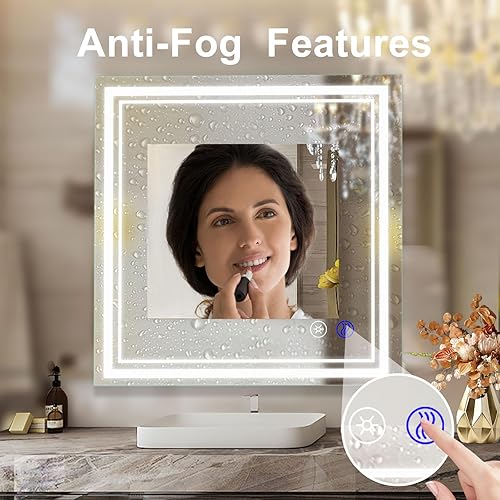 Vista 21 de SaniteModar Espejo de baño con luces de 32 x 24 pulgadas, espejo LED para baño, espejo de baño LED, 3 colores regulables, antiniebla, botón táctil