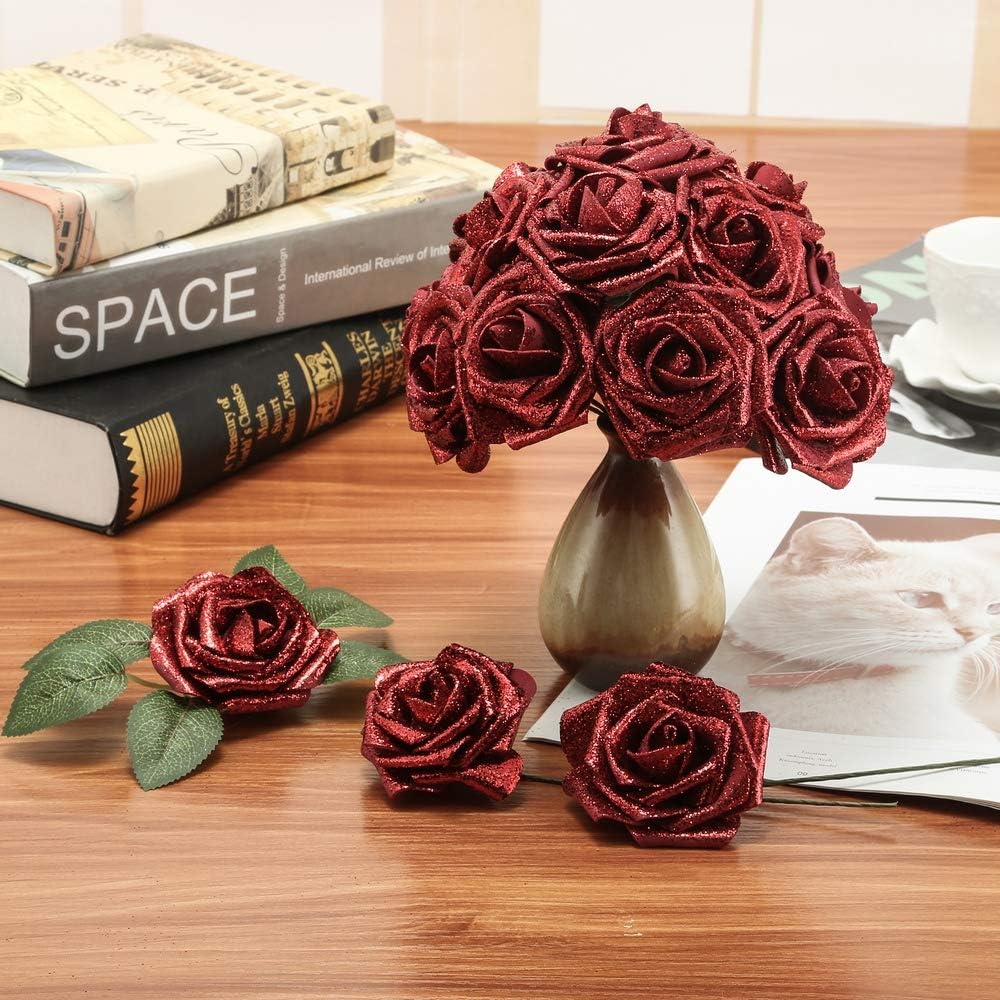 Febou Artificial Flowers, 50 PReal Touch Artificial Foam Roses Decoration DIY for Wedding Bridesmaid Bridal Bouquets Centerpieces, Party Decoration, Home Office Decor (Standard Type, Shimmer-Dark Red)
