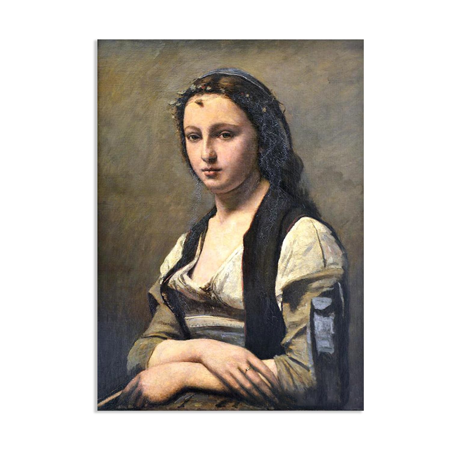 Hau3sh3a Jean Baptiste Camille Corot Wall Art Woman with a Pearl Canvas Picture Serene Landscape Reproduction Wall Decor for Living Room Bedroom Office Home Decor55x40cm(22x16in) Poster