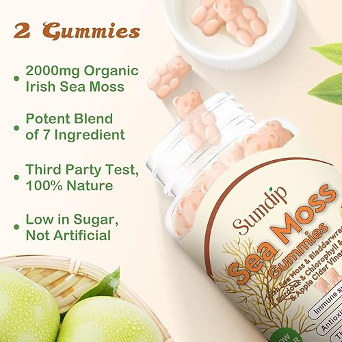 Miniatura 4 de Gomitas de musgo marino orgánicas para adultos y niños, 2000 mg de musgo marino irlandés, vinagre de sidra de manzana, vejiga, bardana, clorofila