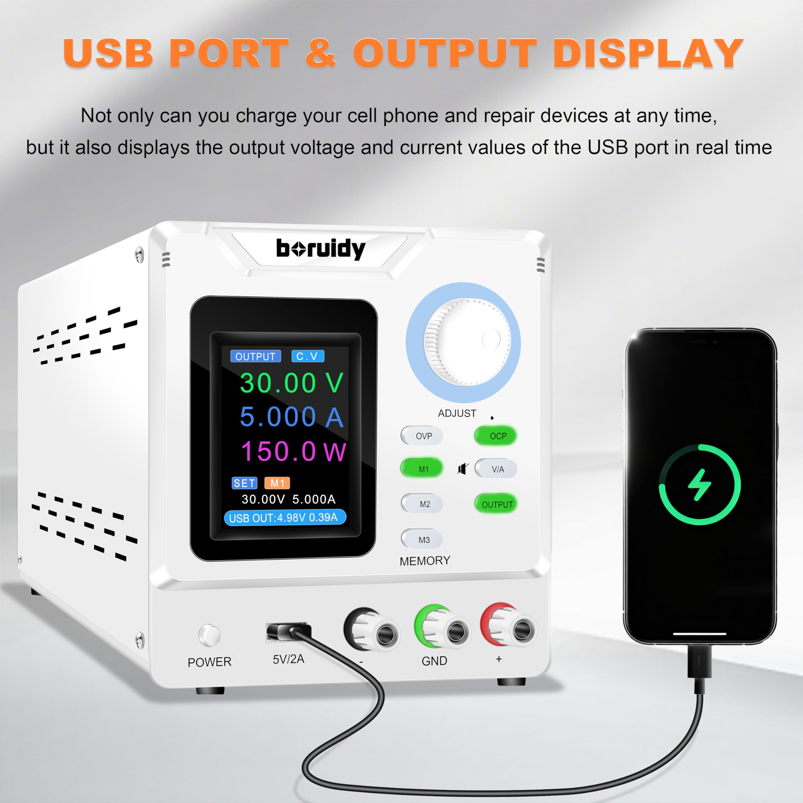 Alimentación de laboratorio ajustable 30 V 5 A boruidy 150 W codificador de alimentación estabilizada ajustable con memorias/salida/OCP OVP con carga rápida USB Pantalla en tiempo real y pantalla TFT