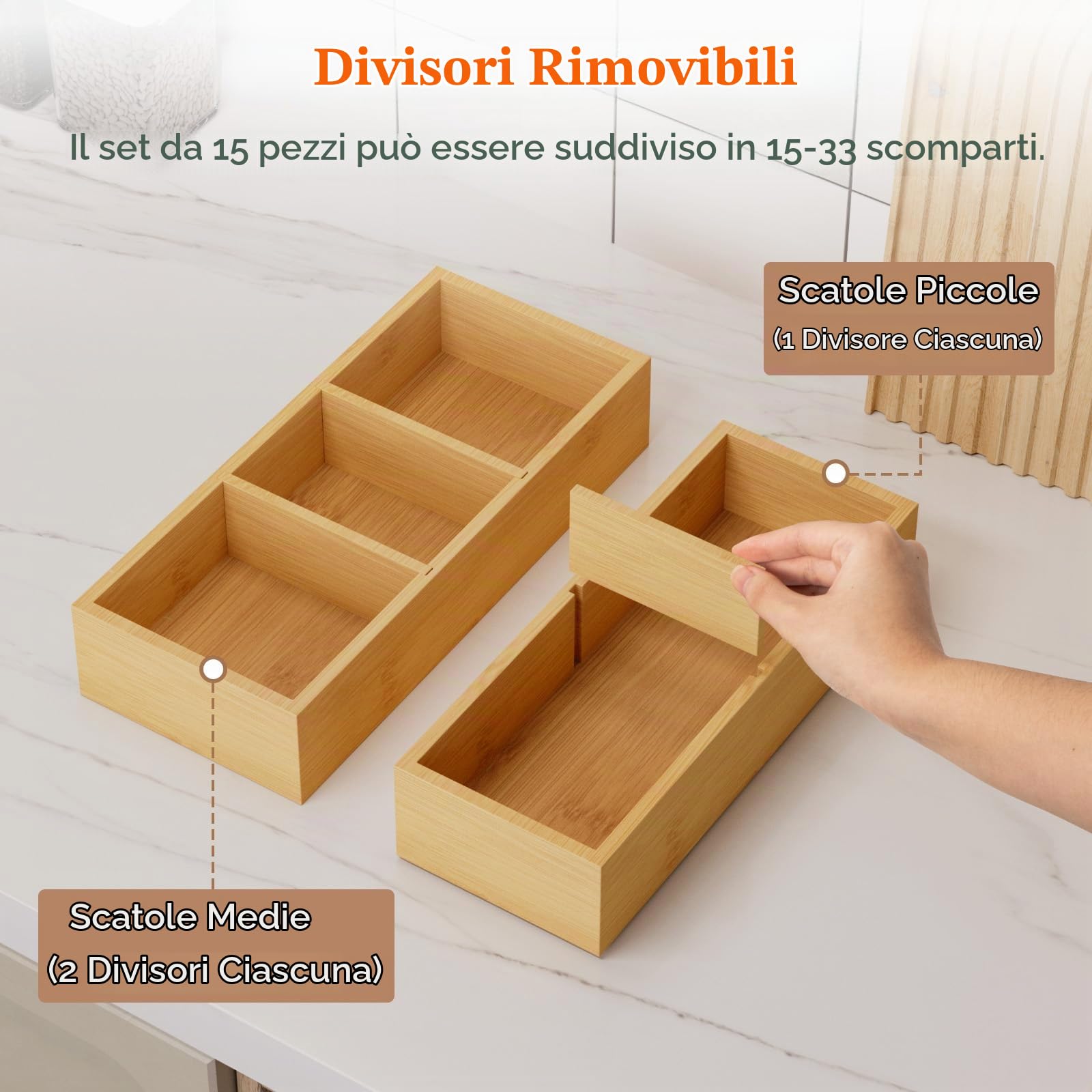 Lifewit Set di 15 Organizer Cassetti con 18 Inserti, Scatola Portaoggetti Regolabile con 33 Scomparti, Contenitori Divisori Cassetti in Legno per Utensili da Cucina, Trucco, Gioielli, Ufficio, Bagno