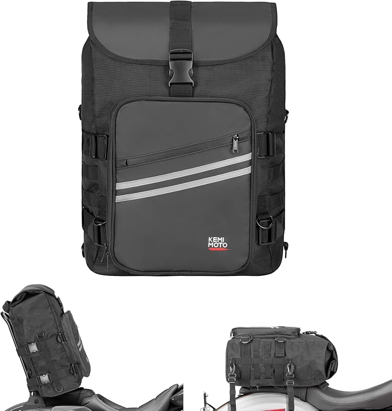 KEMIMOTO Motorcycle Sissy Bar Bag 30L with Waterproof Rain Cover | Motorcycle Tail Travel Luggage Bag for Trip Camping Outdoor Motorbike with 4 Straps 1 Shoulder Strap