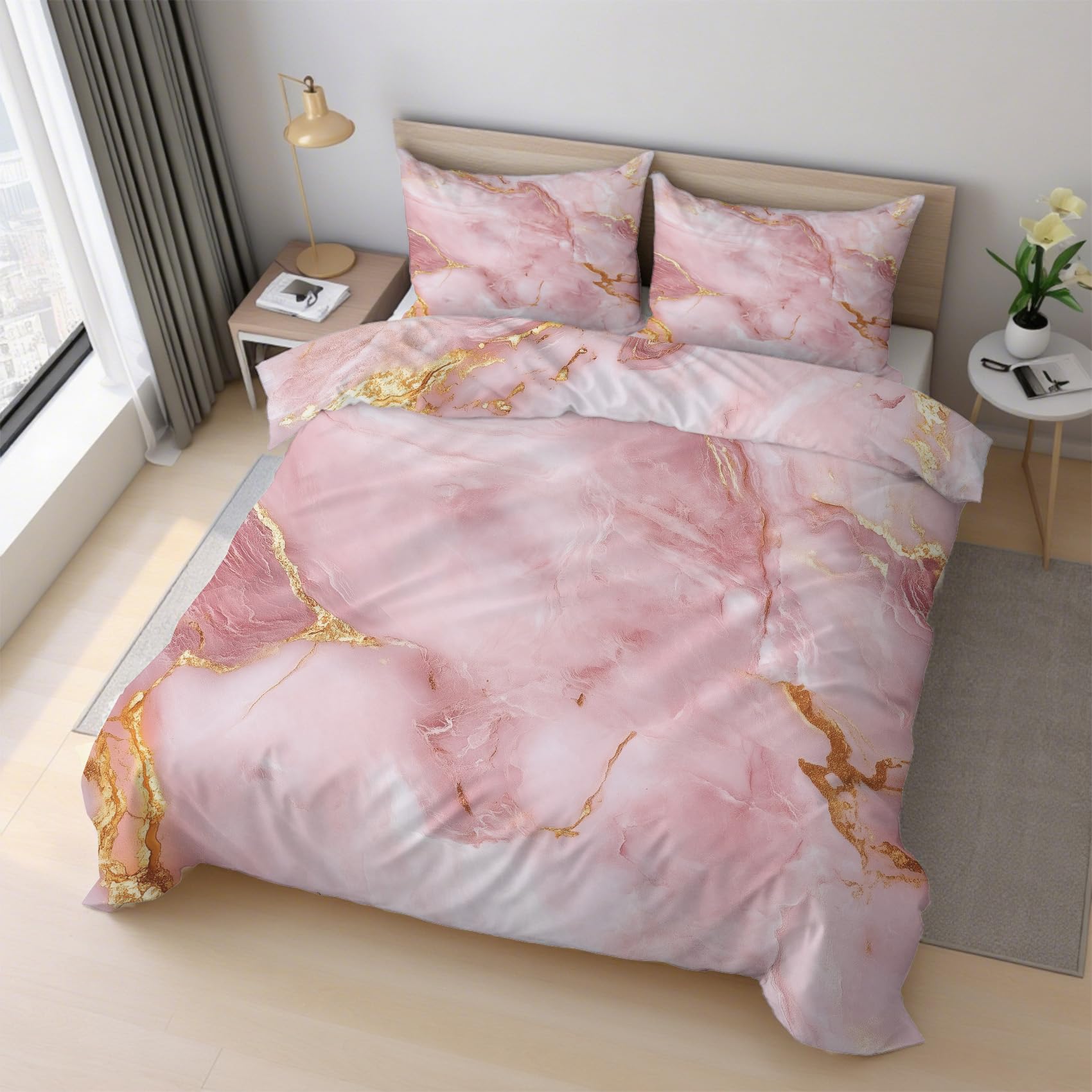 Housse de couette marbre rose 240x260 cm douce et facile à border