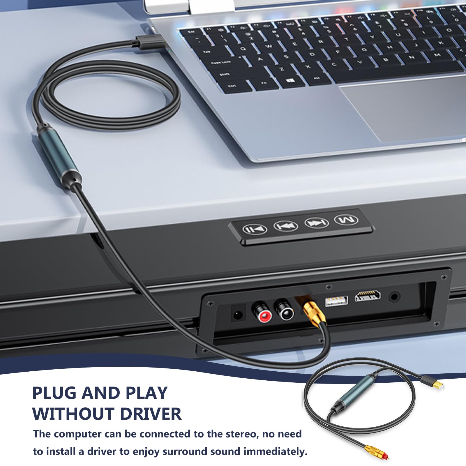 GOMETY Adattatore USB a audio ottico da USB-A a Fiber Optic SPDIF, adattatore Toslink 3M, nero - Scheda audio ottica Plug & Play