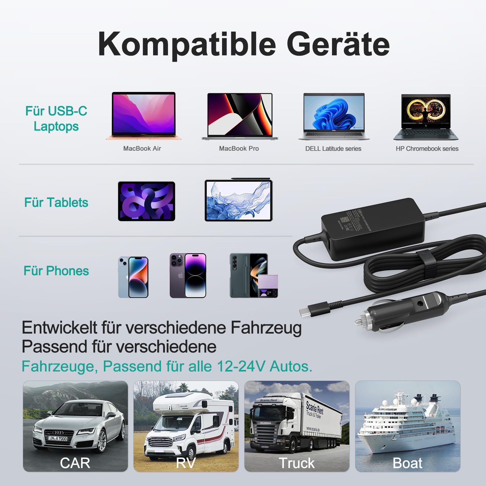 Chargeur allume-cigare pour ordinateur portable 12 V-24 V - Prise USB C 100 W + 18 W pour HP/Lenovo/Dell - Câble de charge de voiture Samsung Galaxy S23/S24 Ultra/Google/iPhone 16/16Pro 15 max/iPad