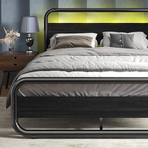 Miniatura 1 de Marco de cama de tamaño matrimonial con LED, plataforma de metal con cabecero y estribo, plataforma resistente, con almacenamiento debajo de la