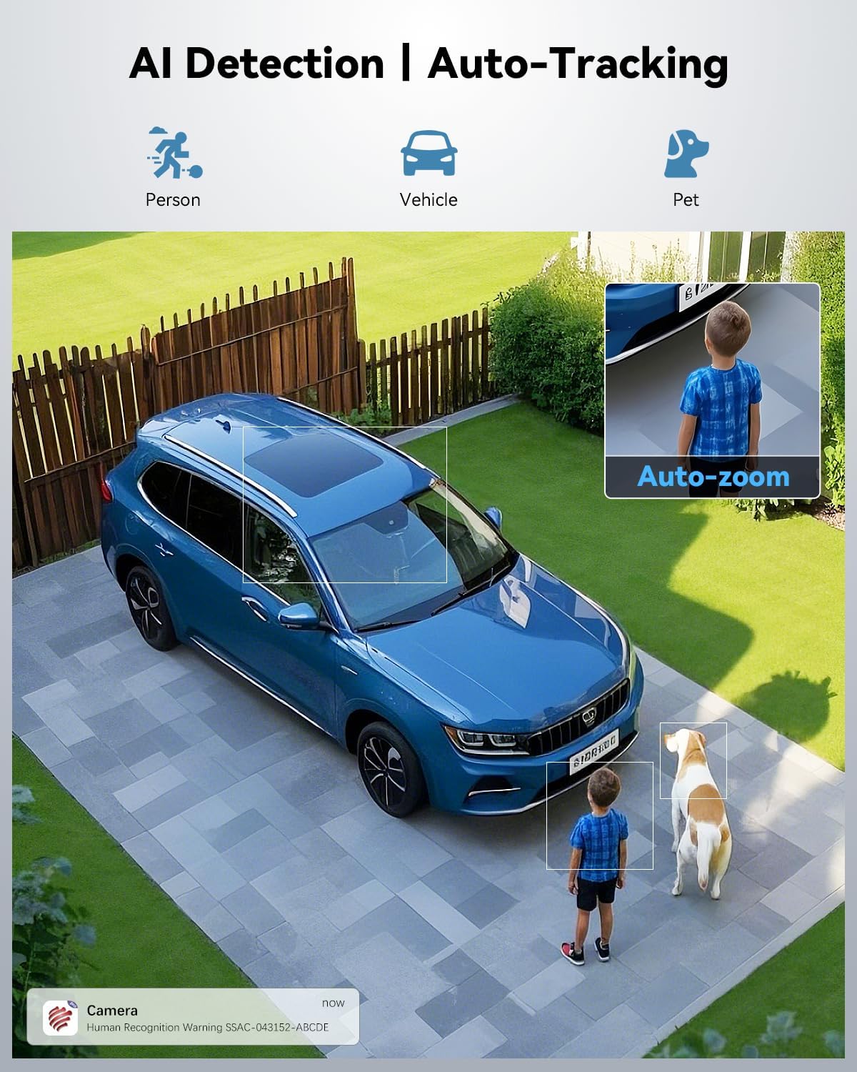AI detection of person, vehicle, and pet with auto-zoom