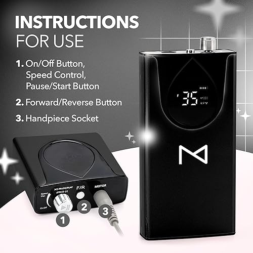 Miniatura 7 de M Max - Taladro de uñas profesional - Lima de uñas con motor sin escobillas 2 en 1 - Carcasa eléctrica, inalámbrica, de aleación de aluminio, 35000