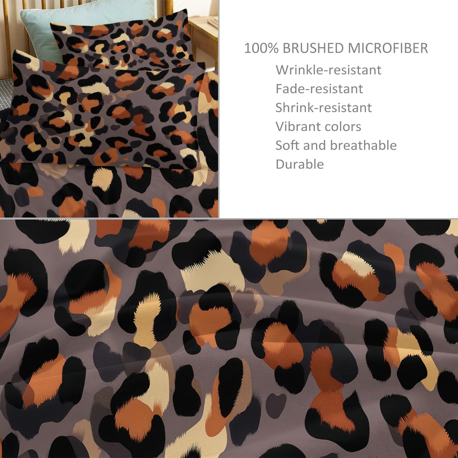 Abstrakcyjny zestaw pościeli dla dorosłych z nadrukiem w panterkę 220 x 240 cm, szara brązowa drukowana dwustronna poszwa na kołdrę - Wygodny oddychający zestaw pościeli z poszewkami na poduszki 65 x