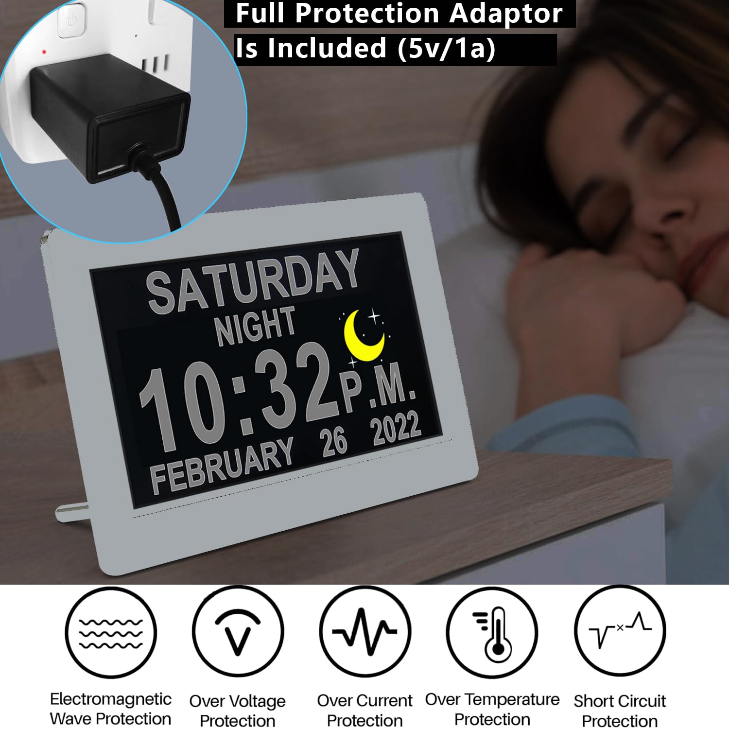 MASSII 【Aggiornato】 Orologio digitale con icone Auto DST e Sun Luna, 20 allarmi promemoria personalizzati, calendario giorno data orologio per anziani, demenza Alzheimer, orologio da 17,8 cm (nero)