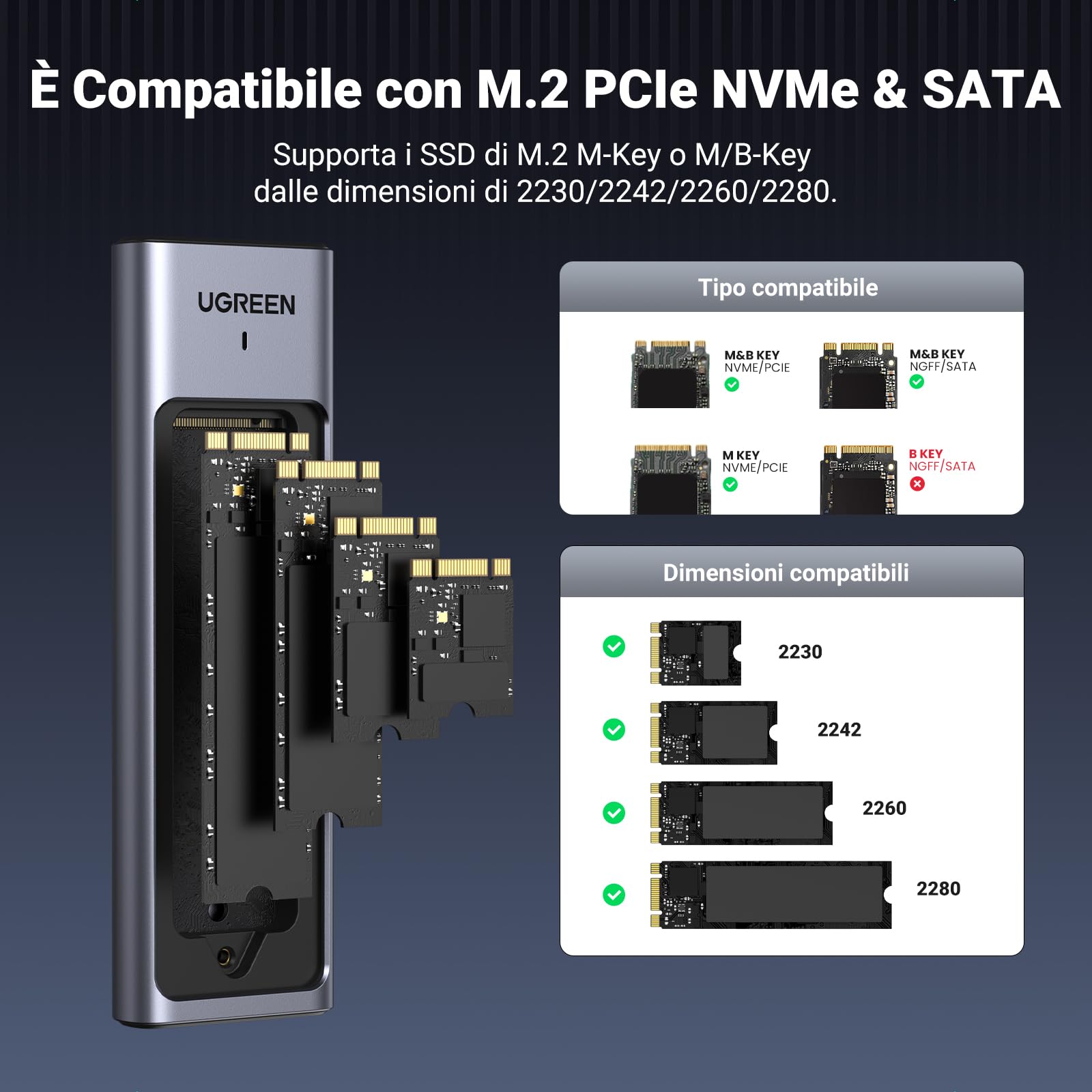 UGREEN Case SSD M.2 NVMe NGFF USB C 3.2 Gen 2, Enclosure Esterno Disco Rigido M/M&B Key 2280/2242/2230/2260, UASP TRIM 10Gbps Compatibile con 970 Evo Plus, Crucial P1,WD