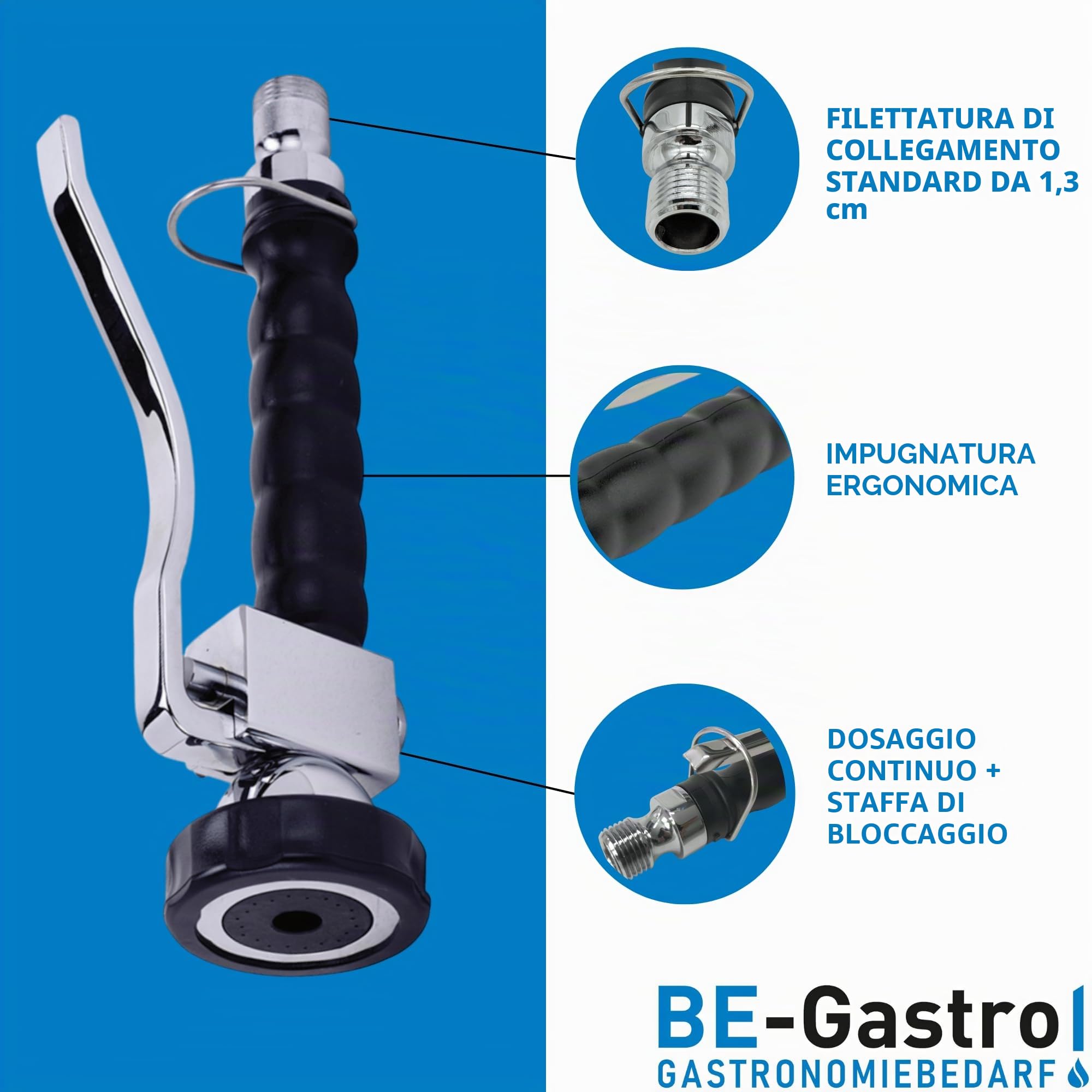 BE-GASTRO | Rubinetto Doccetta professionale Gastro (nero/blu) con staffa di bloccaggio, attachi 1/2", Doccetta di ricambio, Corpo doccia Rubinetteria professionale set di prelavaggio stoviglie