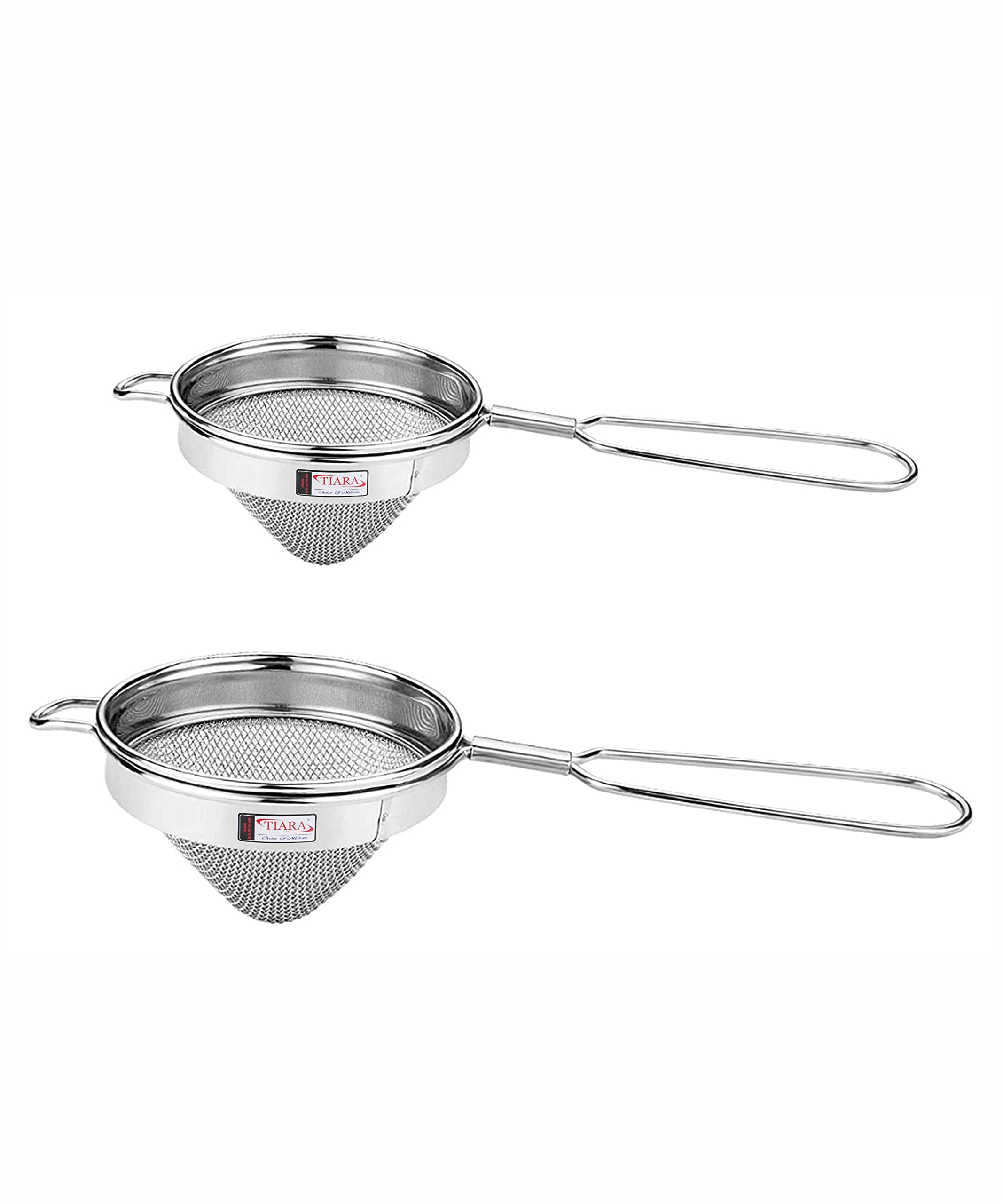 TIARA - 2PC Max Cornical Double Net Tea Strainer, Coffee Strainer, Chai Channi, Tea Filter, Juice and Oil Strainer Stainless Steel Strainer Cornical Shape 7cm, 8cm Diameter (304 Steel Food Grade Mesh)
