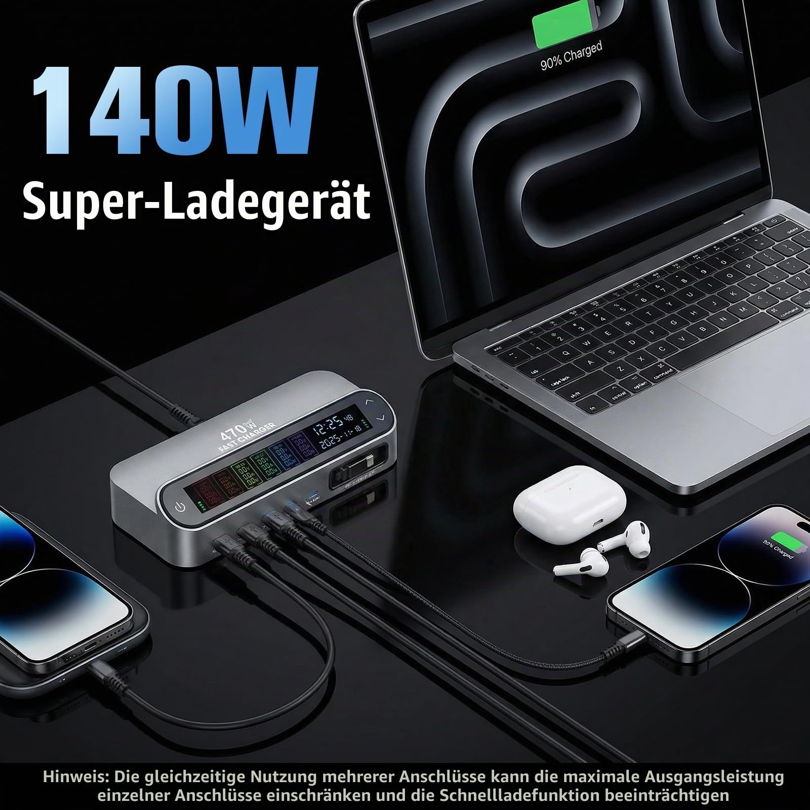 470W USB C Ladegerät Mehrfach, 6 Ports Schnellladegerät Ladestation, mit LCD-Display, mit 3×USB-C-Ports und 2×USB-A-Ports, für MacBook Pro/Air, iPhone 16/15/14, Galaxy, and More